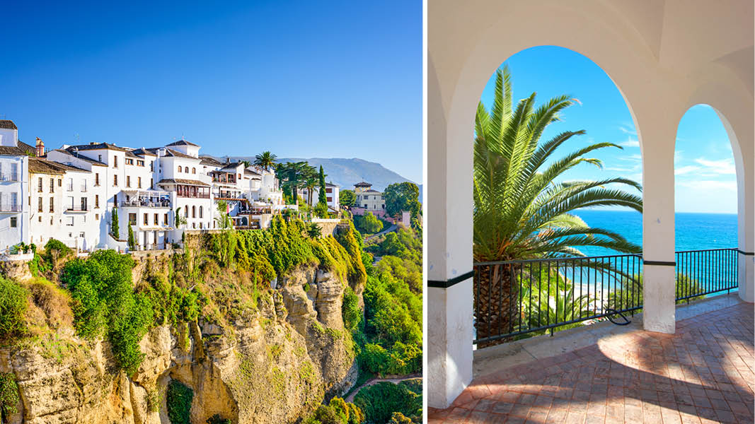 bergsbyn ronda med blått hav och palmer på resa till andalusien